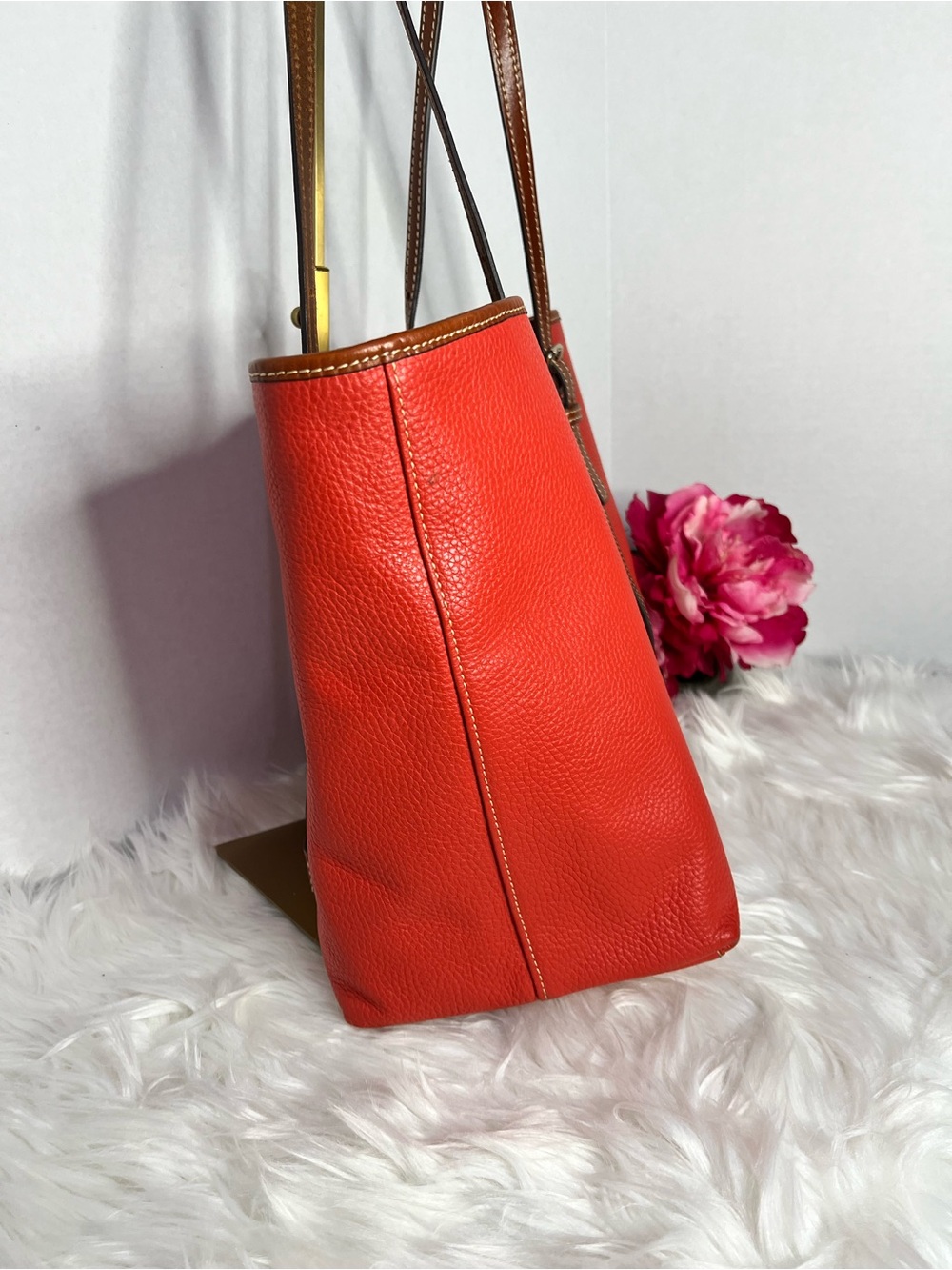 Dooney & Bourke Burnt Orange Pebbled Leather East/West Tote with Brown Trim - Picture 3 of 11